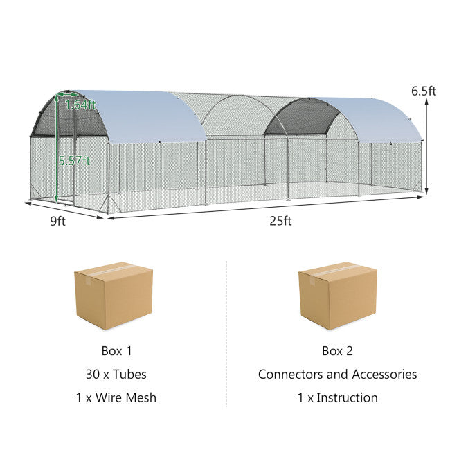 25 FT Large Walk-in Metal Chicken Coop Poultry Cage with Waterproof and Sun-protective Cover