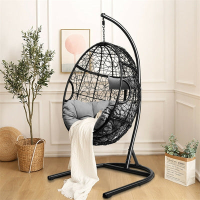 Outdoor Hanging Egg Chair Patio Swing Chair with C Hammock Stand and Soft Cushion