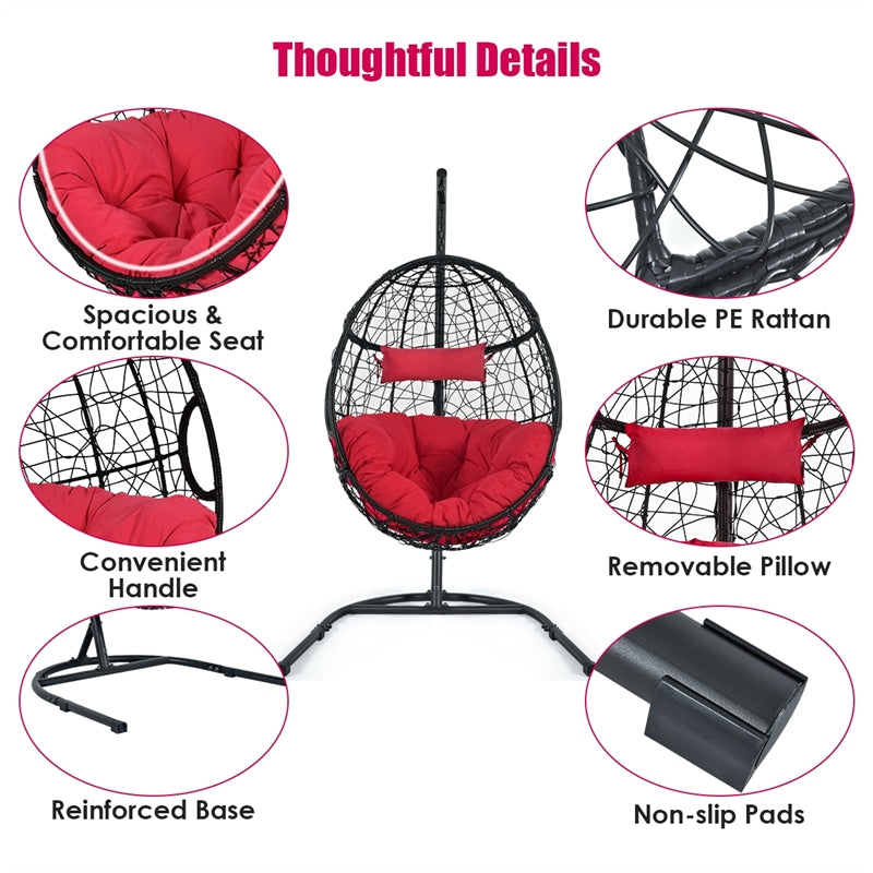 Outdoor Hanging Egg Chair Patio Swing Chair with C Hammock Stand and Soft Cushion