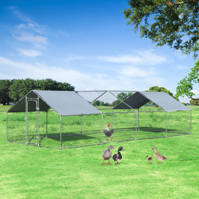 10FT Outdoor Walk-in Metal Chicken Coop Run Large Rabbits Habitat Flat Shaped Poultry Cage with Waterproof Cover