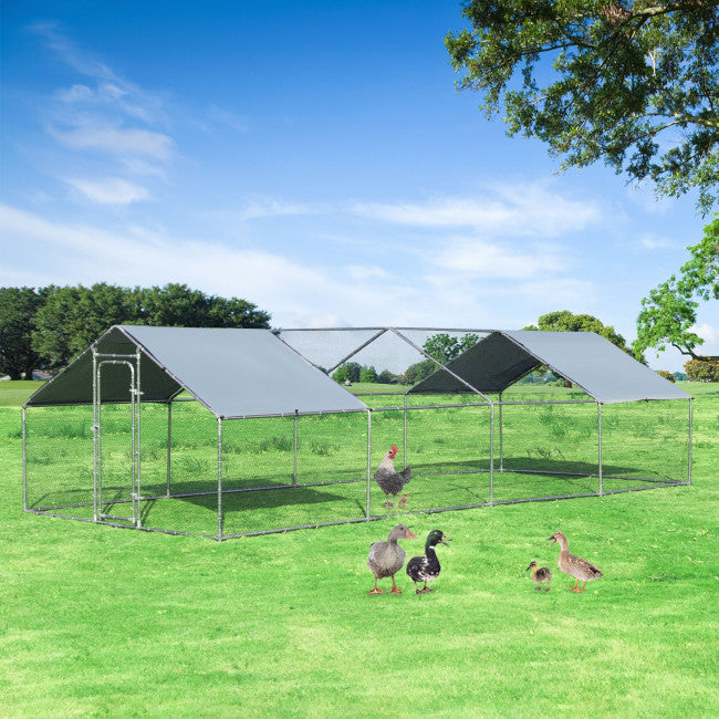 10FT Outdoor Walk-in Metal Chicken Coop Run Large Rabbits Habitat Flat Shaped Poultry Cage with Waterproof Cover
