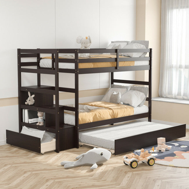 Wooden Twin Over Twin Bunk Bed with Stairs and Storage Shelf