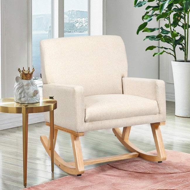Premium Upholstered Rocking Chair With Solid Wood Base &amp; Fabric Padded Seat
