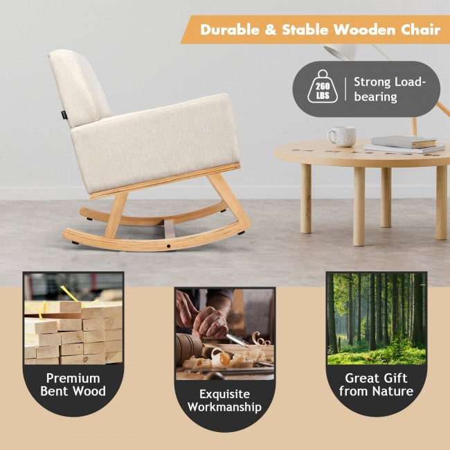 Premium Upholstered Rocking Chair With Solid Wood Base &amp; Fabric Padded Seat