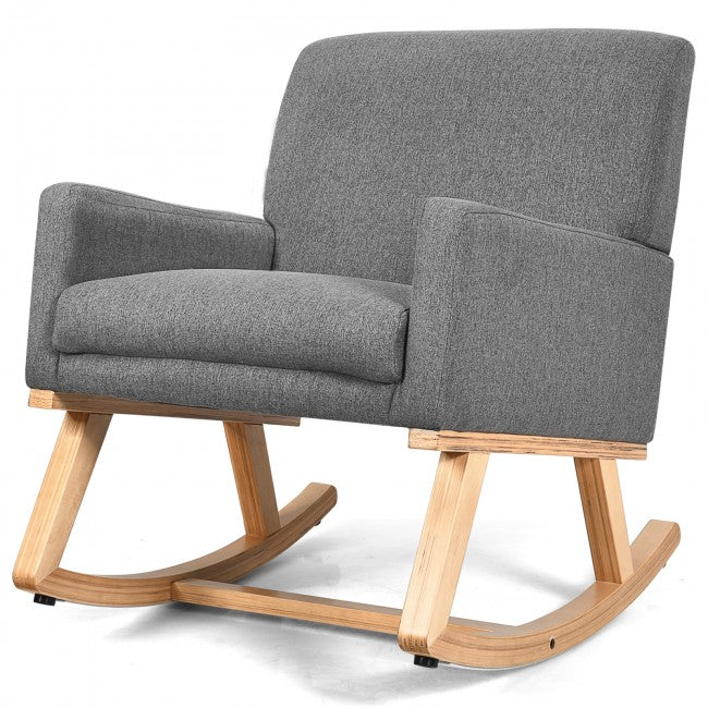 Premium Upholstered Rocking Chair With Solid Wood Base &amp; Fabric Padded Seat
