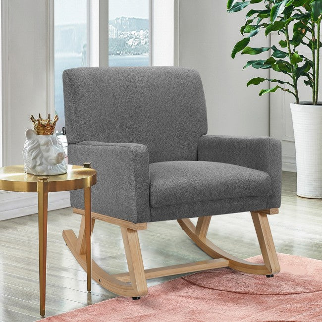 Premium Upholstered Rocking Chair With Solid Wood Base &amp; Fabric Padded Seat