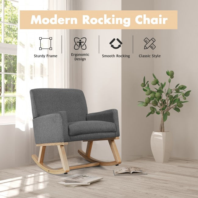 Premium Upholstered Rocking Chair With Solid Wood Base &amp; Fabric Padded Seat