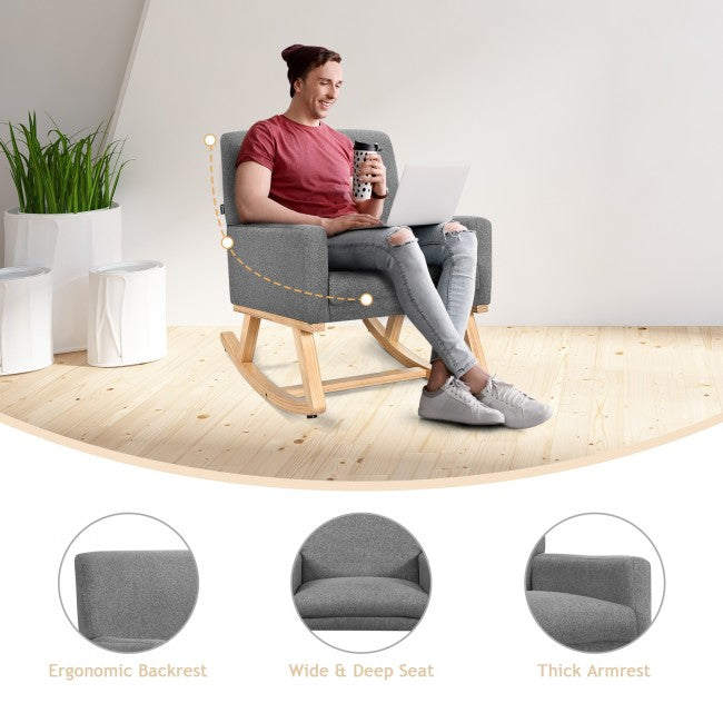 Premium Upholstered Rocking Chair With Solid Wood Base &amp; Fabric Padded Seat