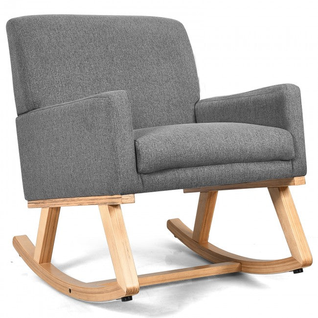 Premium Upholstered Rocking Chair With Solid Wood Base &amp; Fabric Padded Seat