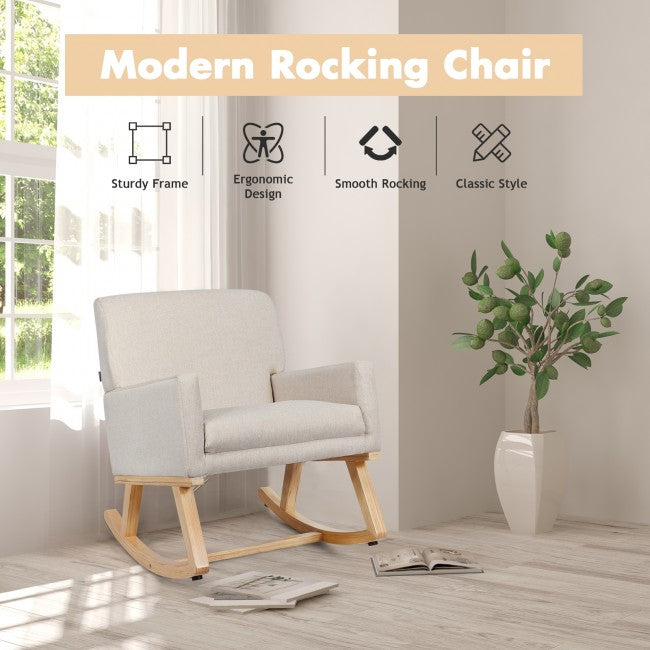 Premium Upholstered Rocking Chair With Solid Wood Base &amp; Fabric Padded Seat