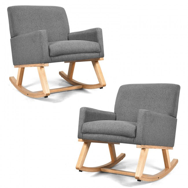 Premium Upholstered Rocking Chair With Solid Wood Base &amp; Fabric Padded Seat