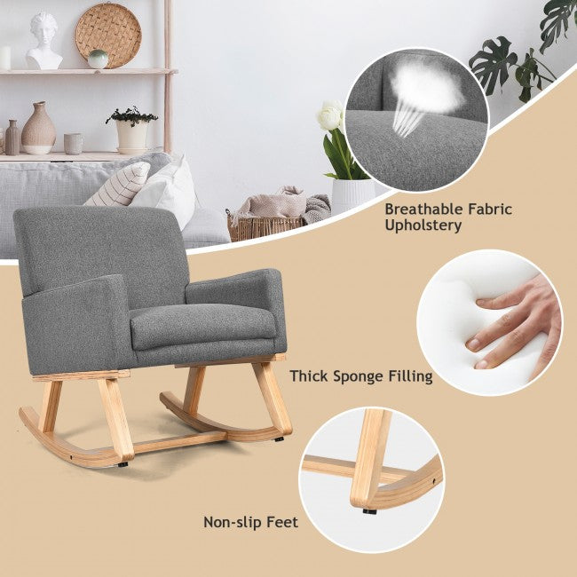 Premium Upholstered Rocking Chair With Solid Wood Base &amp; Fabric Padded Seat