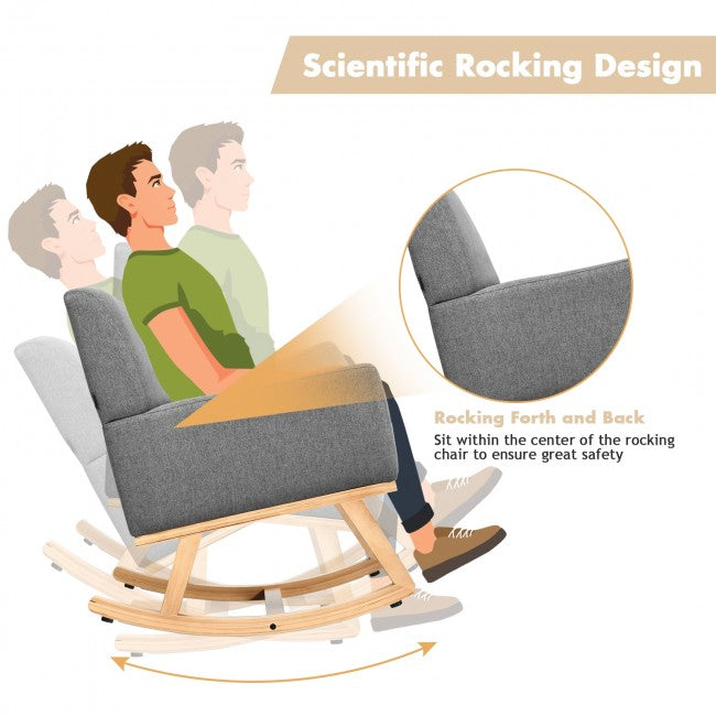 Premium Upholstered Rocking Chair With Solid Wood Base &amp; Fabric Padded Seat