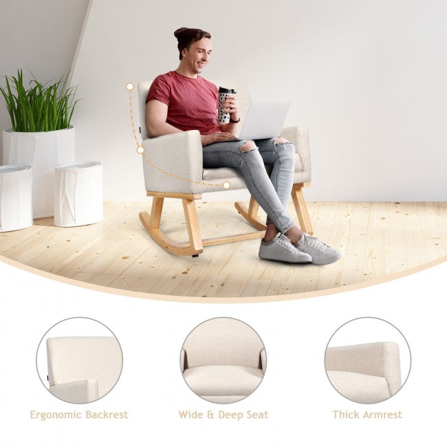 Premium Upholstered Rocking Chair With Solid Wood Base &amp; Fabric Padded Seat