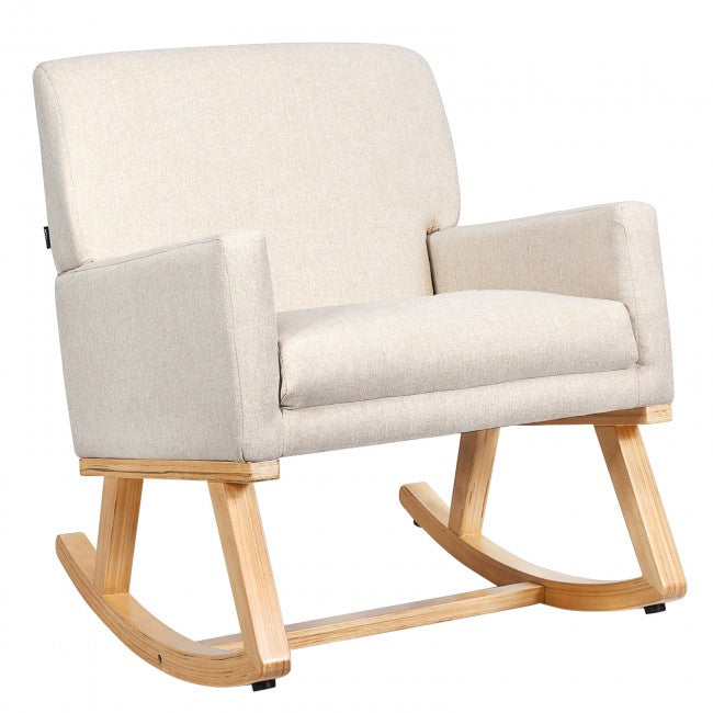 Premium Upholstered Rocking Chair With Solid Wood Base &amp; Fabric Padded Seat