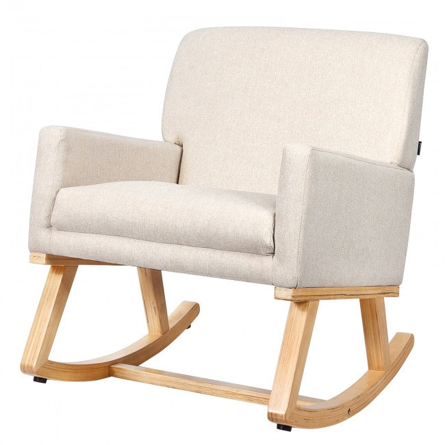 Premium Upholstered Rocking Chair With Solid Wood Base &amp; Fabric Padded Seat