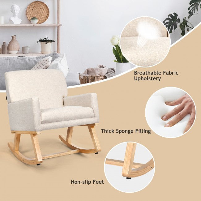 Premium Upholstered Rocking Chair With Solid Wood Base &amp; Fabric Padded Seat
