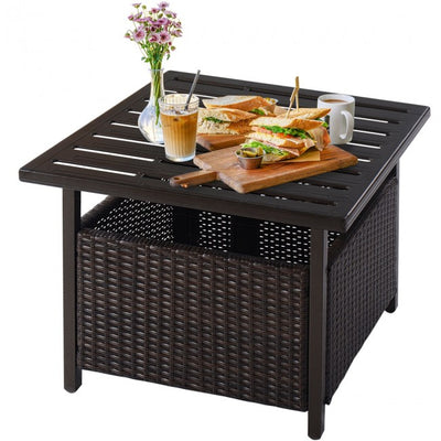 Outdoor Patio Rattan Wicker Side Deck Table with Umbrella Hole Steel