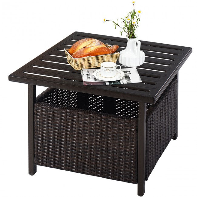Outdoor Patio Rattan Wicker Side Deck Table with Umbrella Hole Steel