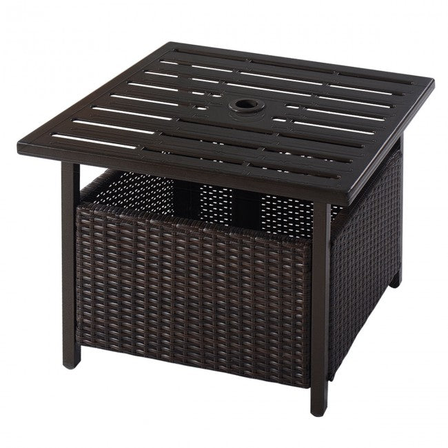 Outdoor Patio Rattan Wicker Side Deck Table with Umbrella Hole Steel