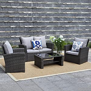 4 Pcs Patio Rattan Furniture Sofa Table Set with Storage Shelf Cushion