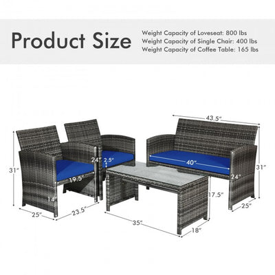 4 Pieces Patio Rattan Furniture Set Outdoor Wicker loveseat with Soft Cushion and Glass Table