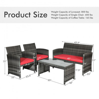 4 Pieces Patio Rattan Furniture Set Outdoor Wicker loveseat with Soft Cushion and Glass Table