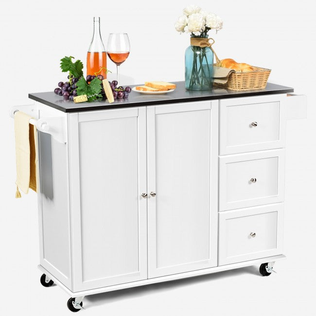 Kitchen Island Cart Rolling Trolley 2-Door Storage Cabinet with Adjustable Shelves and 3 Drawers