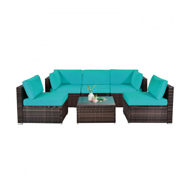 6 Pieces Outdoor Rattan Cushioned Furniture Set Patio Balcony Conversation Sofa Set with Table