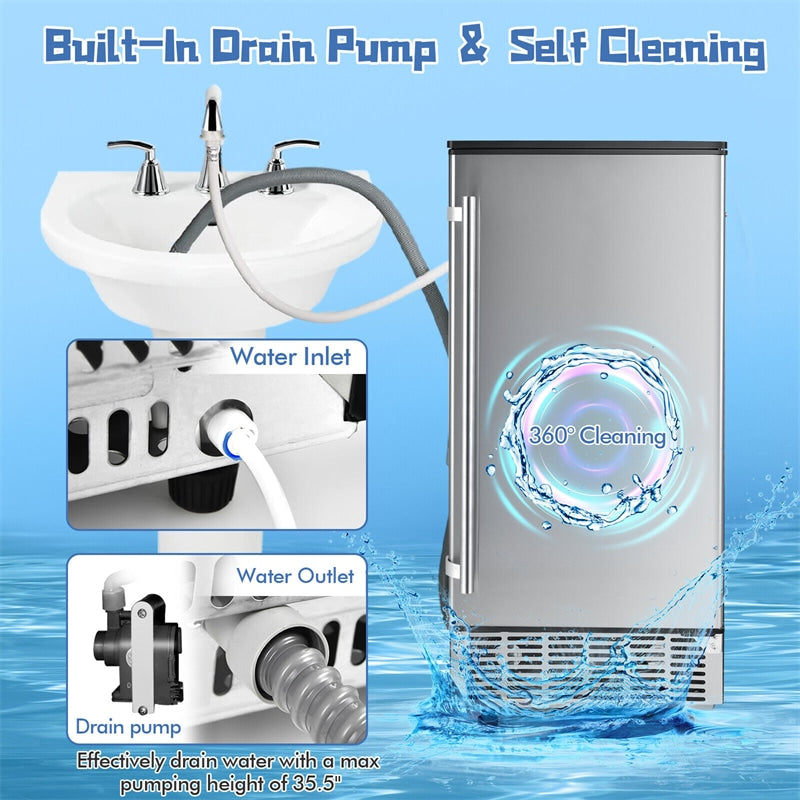80 lbs/24H Commercial Freestanding External Ice Maker Under Counter Ice Machine with 25 lbs Storage Ice Bin and Drain Pump