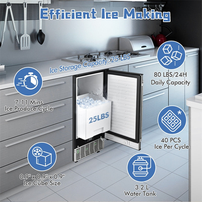 80 lbs/24H Commercial Freestanding External Ice Maker Under Counter Ice Machine with 25 lbs Storage Ice Bin and Drain Pump