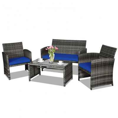 4 Pieces Patio Rattan Furniture Set Outdoor Wicker loveseat with Soft Cushion and Glass Table