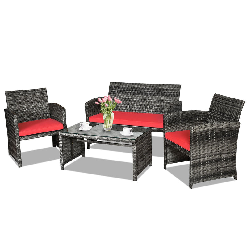 4 Pieces Patio Rattan Furniture Set with Glass Table and Loveseat