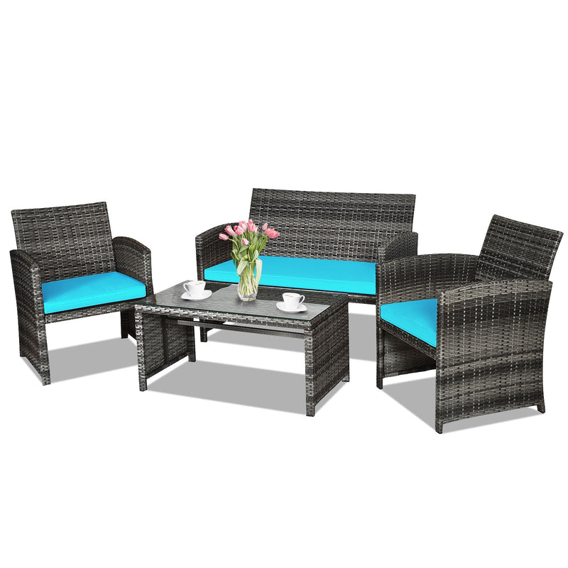 4 Pieces Patio Rattan Furniture Set with Glass Table and Loveseat