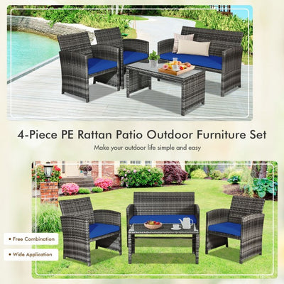 4 Pieces Patio Rattan Furniture Set Outdoor Wicker loveseat with Soft Cushion and Glass Table