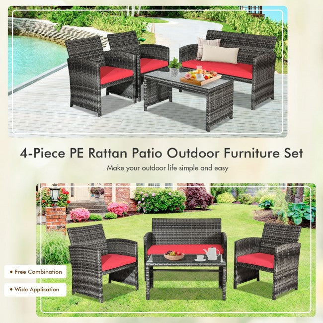 4 Pieces Patio Rattan Furniture Set Outdoor Wicker loveseat with Soft Cushion and Glass Table