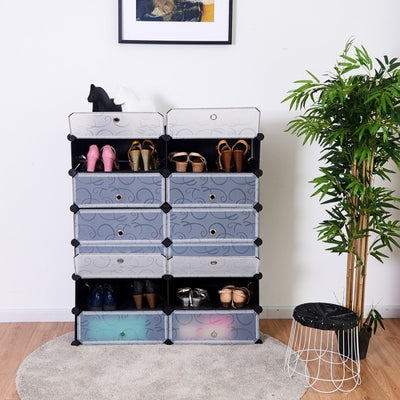 12 Cubes 6 Tiers Shoe Rack Entryway Shoe Organizer, Portable Plastic Cabinet With Doors