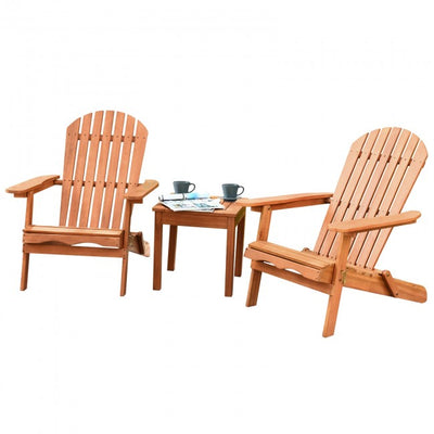 3 Pieces Foldable Wooden Adirondack Lounger Chair Set with Widened Armrest and Side Table