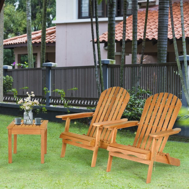 3 Pieces Foldable Wooden Adirondack Lounger Chair Set with Widened Armrest and Side Table