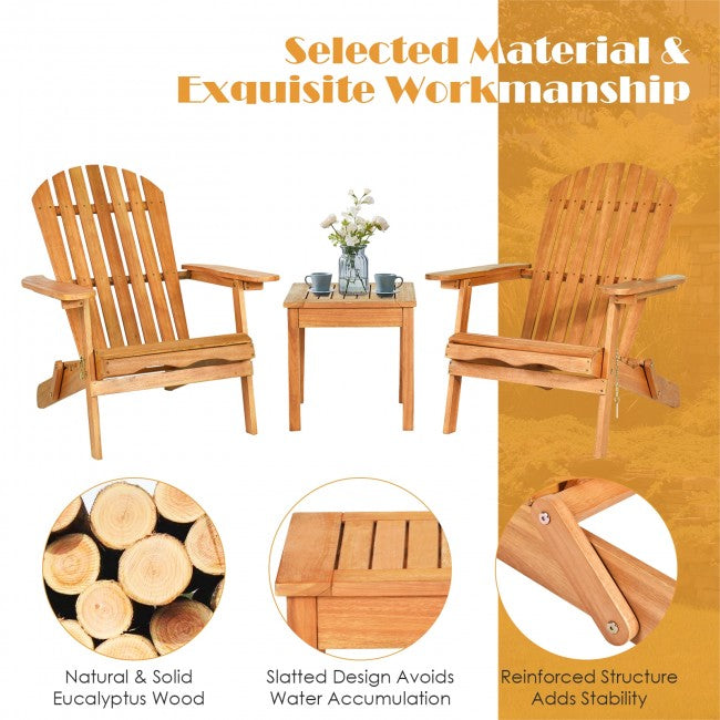 3 Pieces Foldable Wooden Adirondack Lounger Chair Set with Widened Armrest and Side Table