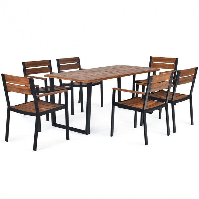 7 Pieces Outdoor Patio Acacia Wood Dining Table Set with Umbrella Hole