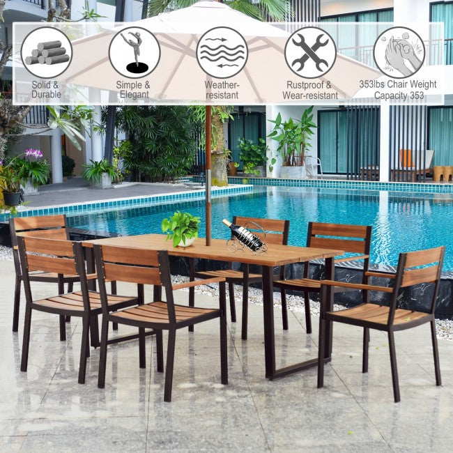 7 Pieces Outdoor Patio Acacia Wood Dining Table Set with Umbrella Hole