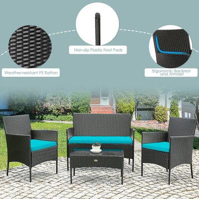 4 Pieces Patio Rattan Cushioned Sofa Set with Tempered Glass Coffee Table