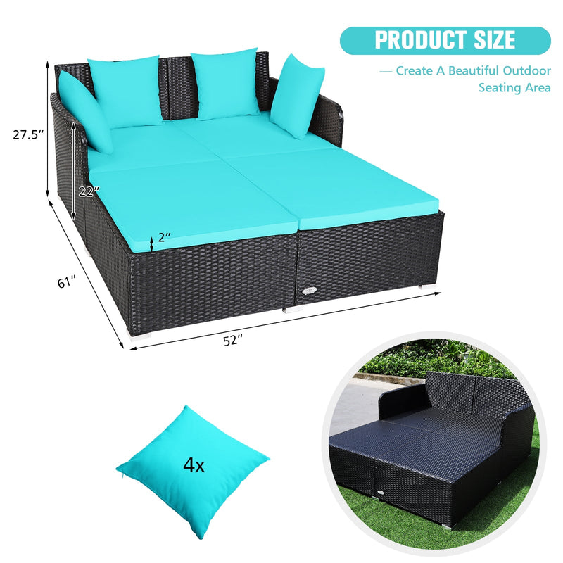 Outdoor Patio Rattan Daybed Thick Pillows Cushioned Sofa Furniture