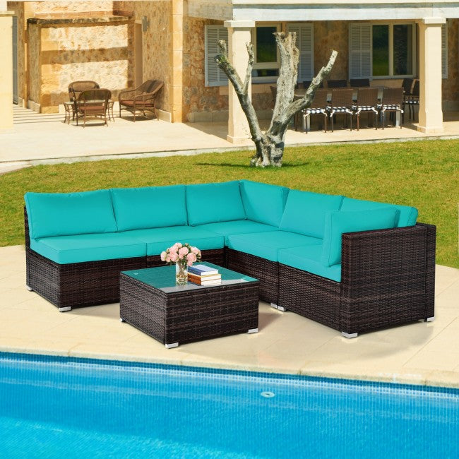 6 Pieces Outdoor Rattan Cushioned Furniture Set Patio Balcony Conversation Sofa Set with Table