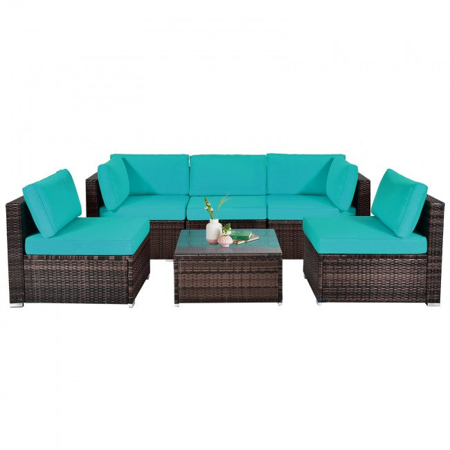 6 Pieces Outdoor Rattan Cushioned Furniture Set Patio Balcony Conversation Sofa Set with Table