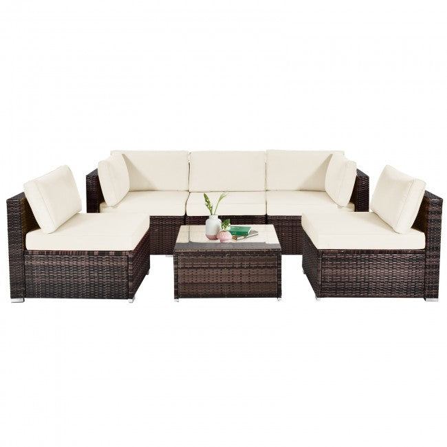 6 Pieces Outdoor Rattan Cushioned Furniture Set Patio Balcony Conversation Sofa Set with Table