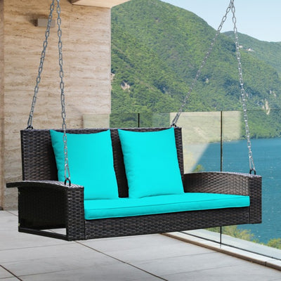 2-Person Patio Rattan Hanging Porch Swing Outdoor Wicker Swing Bench with Cushions