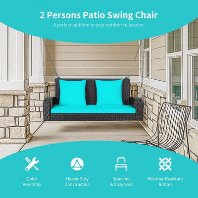 2-Person Patio Rattan Hanging Porch Swing Outdoor Wicker Swing Bench with Cushions