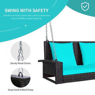 2-Person Patio Rattan Hanging Porch Swing Outdoor Wicker Swing Bench with Cushions